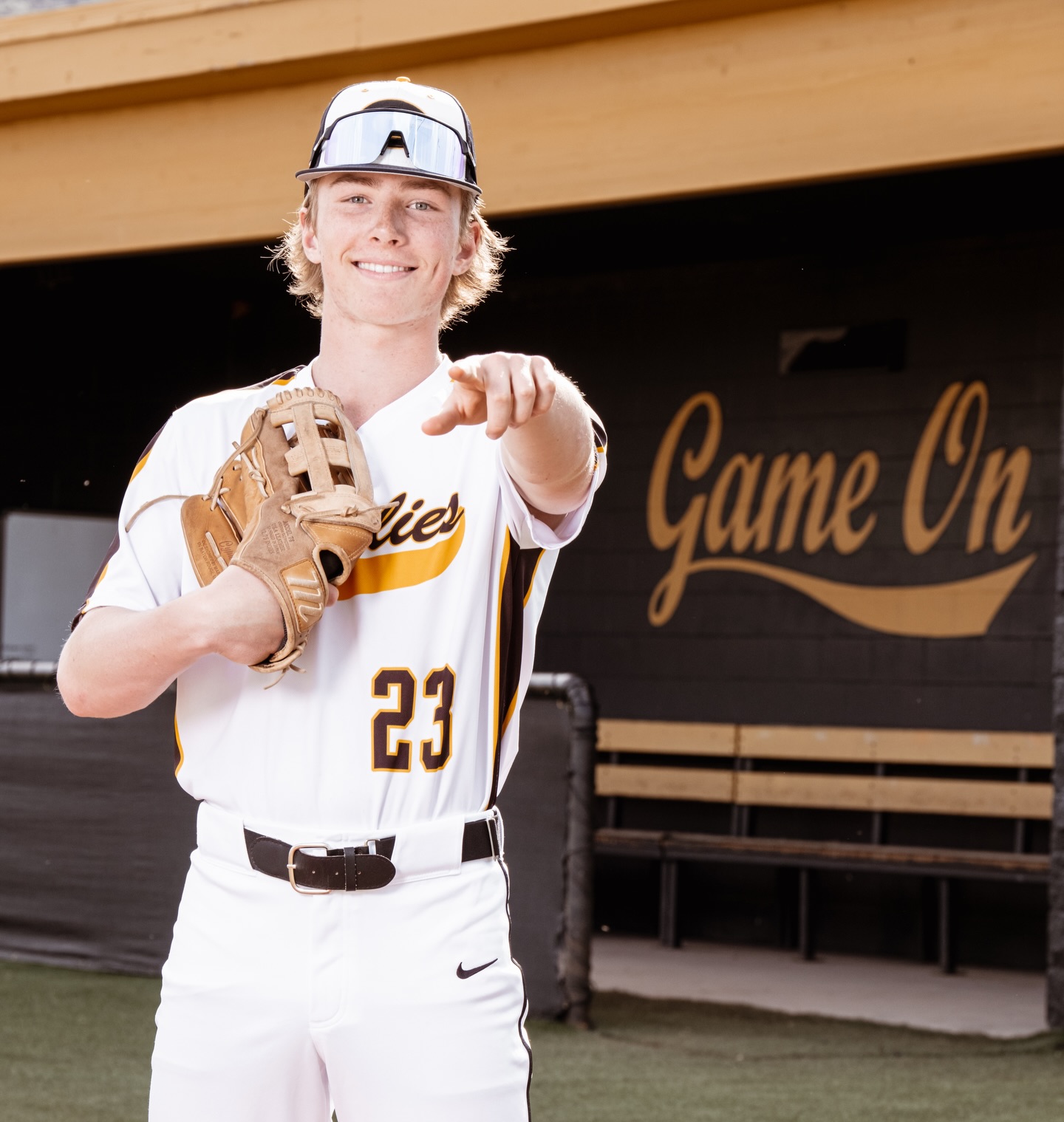 London Wooten in his Galena baseball uniform, with his glove